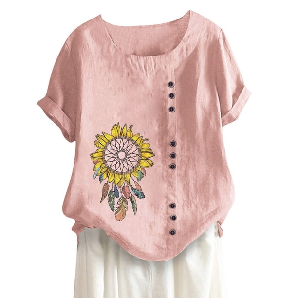 Mujeres Casual Algodón y Lino Top Impreso Manga Corta Botón Túnica Camiseta Blusa Tops Fridja nalpqowj29384