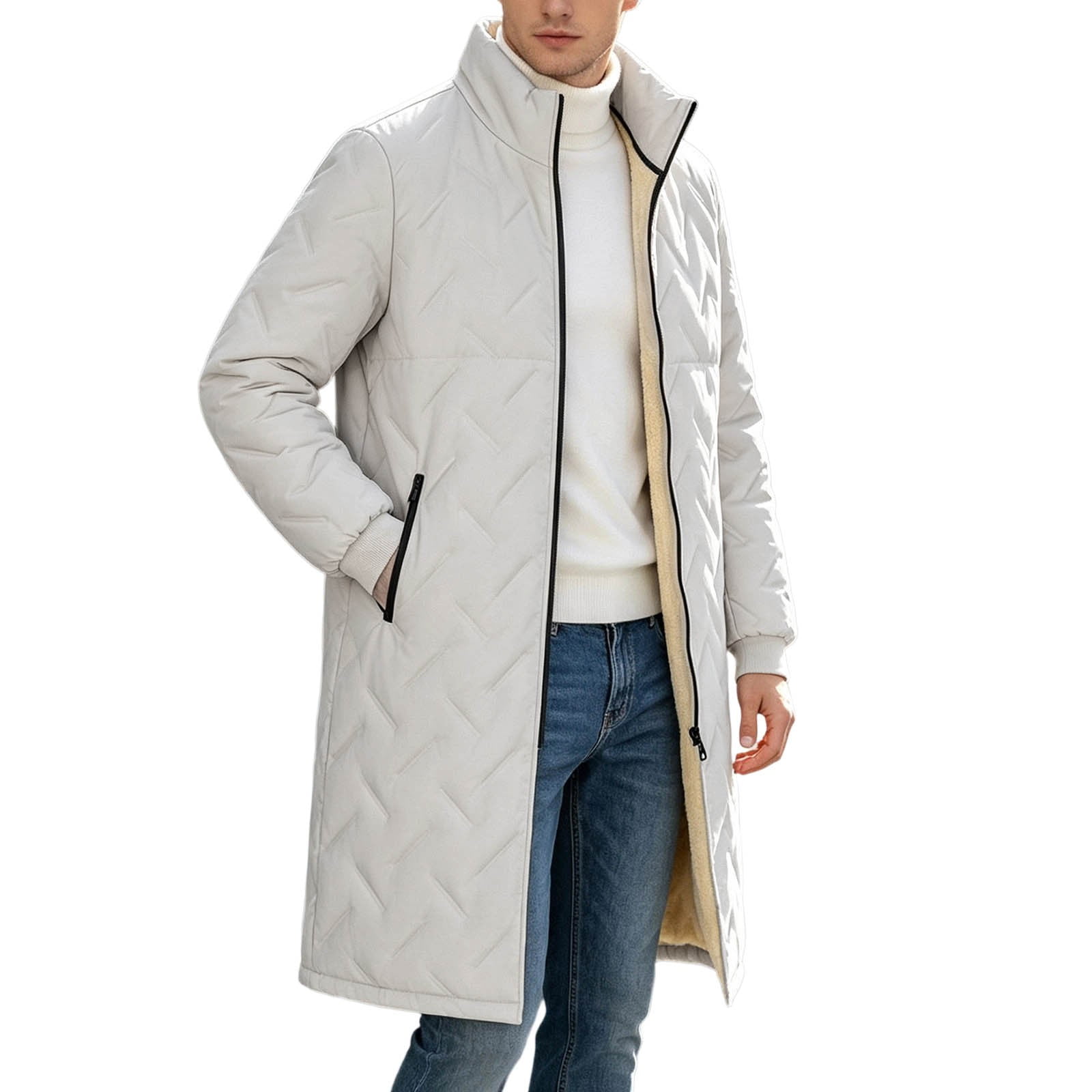 Men's Extra Long Parka Winter Coats Jacket Heavy Warm Water-resistant Outerwear Cold Weather for Fall Winter Outfits(White,XS)