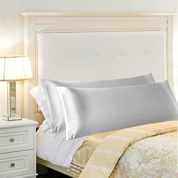 REGALWOVEN 2 Pack Satin Body Pillowcases , Luxury Silky Pillow Cover Smooth Long Satin Pillow Cases with Zipper Closure Silver Jumbo
