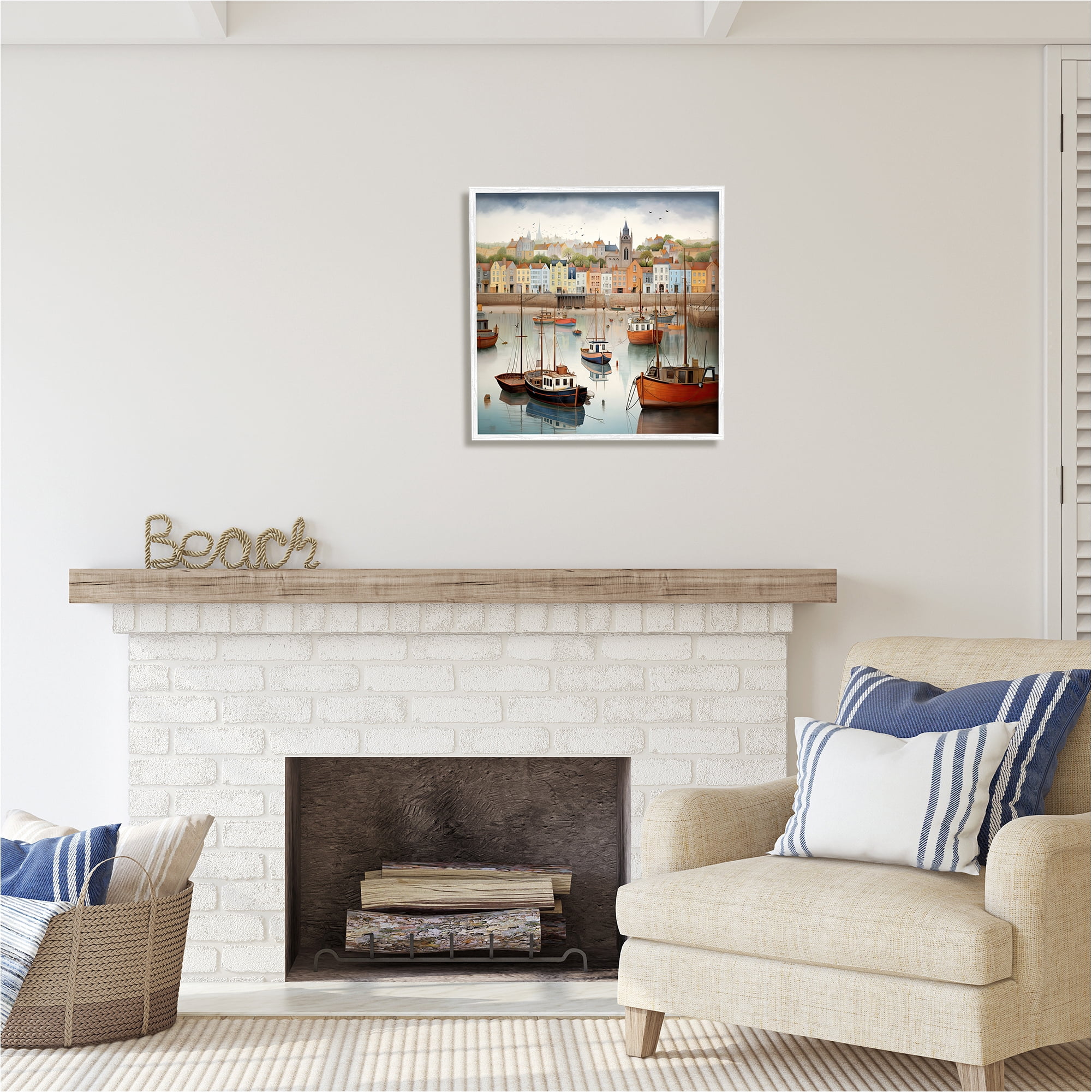 Stupell Industries Seaside City Harbor Transportation Painting White Framed Art Print Wall Art, 24 x 24