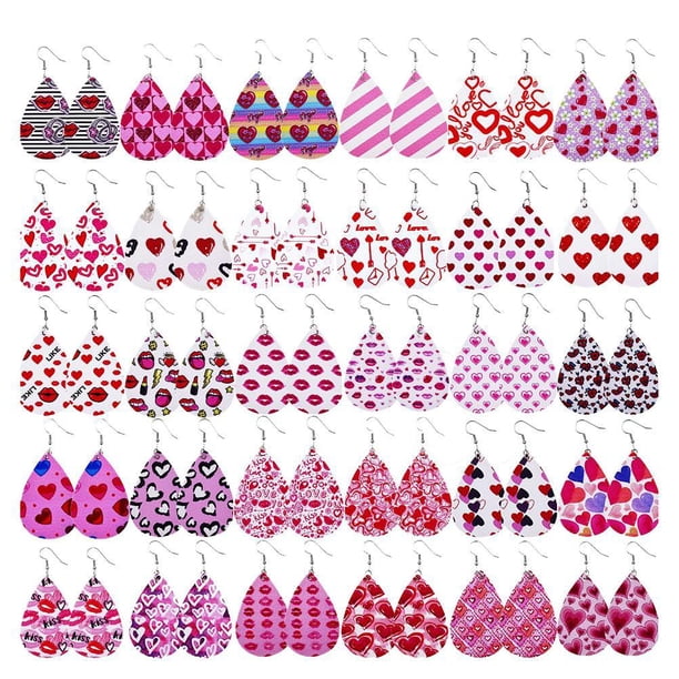 Pendientes De Gota De Cuero Para El Día De San Valentín, Pendientes Colgantes Con Estampado De Corazón En Forma De Lágrima, Pendientes Colgantes De Cuero Para Mujer 30 Pares sonducket AP005488-00