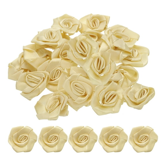 Uxcell 50pcs 3cm Ribbon Roses for Crafts Artificial Fabric Flowers, Yellow