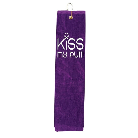 Purple Towel Kiss My Putt Girl Woman Tri-fold Golf Towel With Grommet & Hook Club Ball Tee Golfing Gift Birthday 15" x 18"