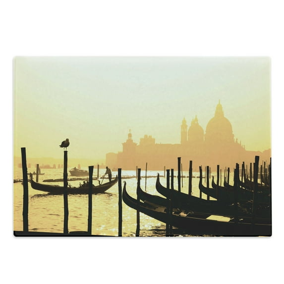 Venice Cutting Board, Romantic Italian City at Sunrise Line of Gondolas Lagoon and Silhouette Image, Decorative Tempered Glass Cutting and Serving Board, Large Size, Mustard and Black, by Ambesonne