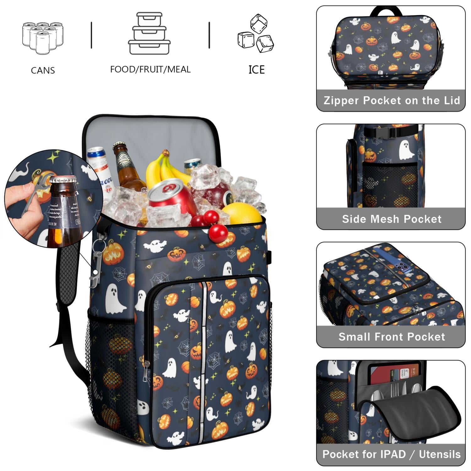 Travel Cooler Bag - Halloween Ghosts Pumpkins and Spider Webs Camping Beer Cooler Backpack with Bottle Opener- Waterproof Insulated Picnic Backpacks - Cooler Bag for Beach