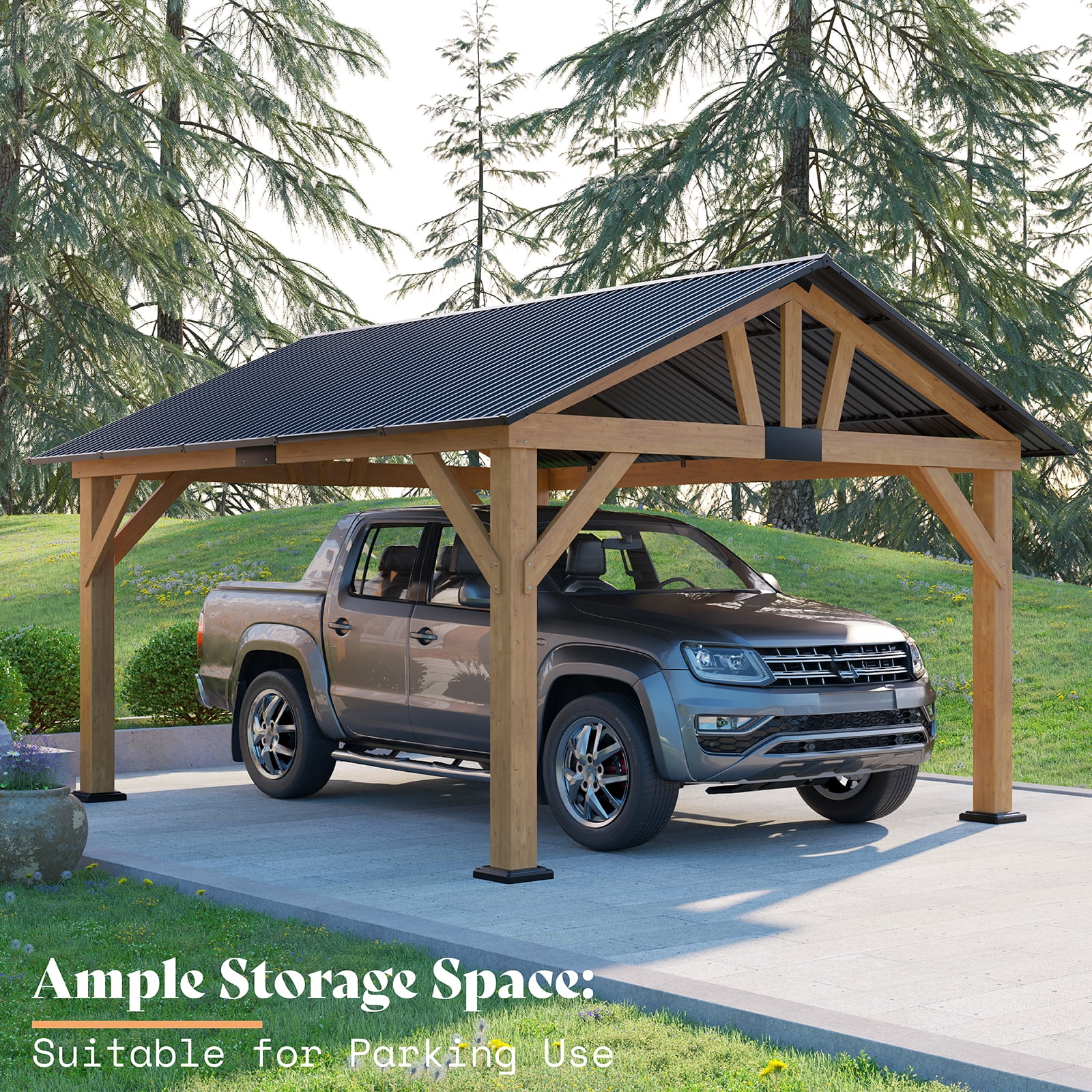 Merluxy 13x15 ft Wood Gazebo with Hardtop & Metal Steel Gable Roof for Garden, Patio, Porch