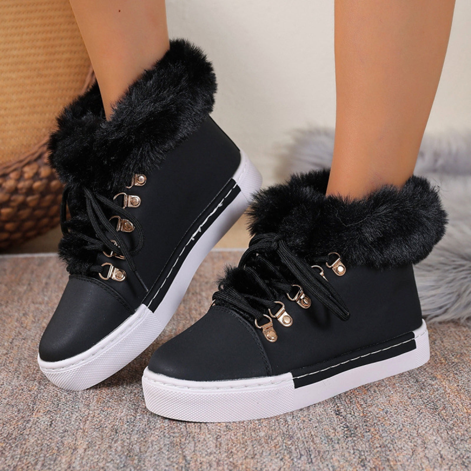 Dasayo Ankle Booties for Women Black Hiking Furry Lace up Faux Leather Flat Heel Winter Shoes Womans Shoes 40