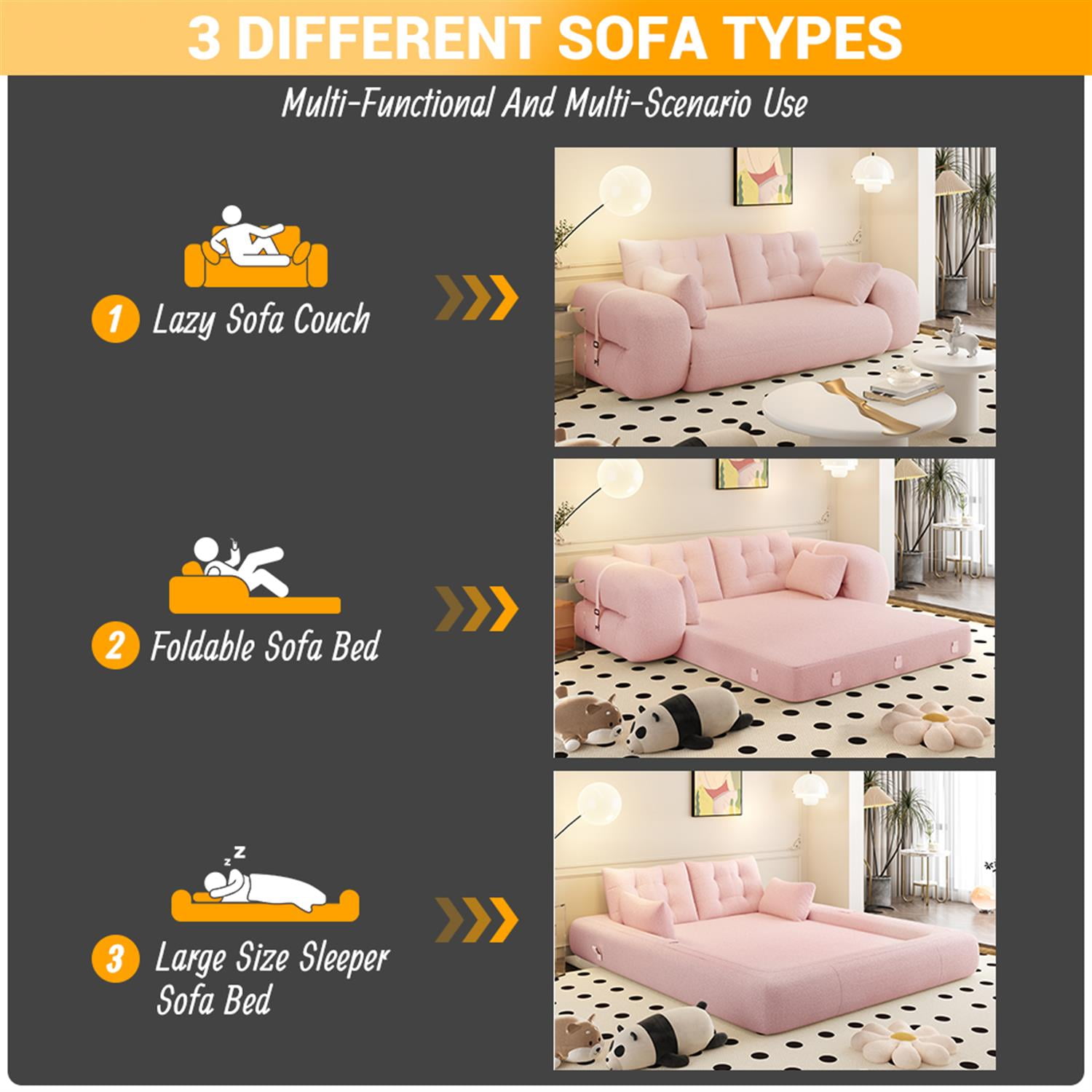 Demi Bonn 78" Cozy Sofa Couch, Foldable 3-in-1 Sleeper Bed, Multi-Functional Lazy Sofa for Living Room, Playroom, Comfortable Foam-Filled, Pink