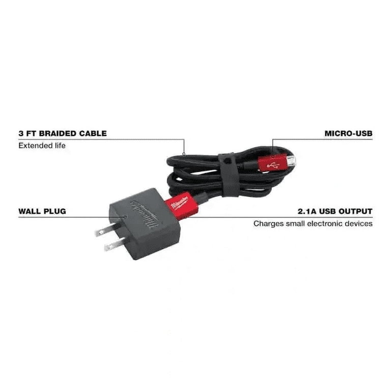 Milwaukee-48-59-1202 3ft Micro-USB Cable and 2.1A Wall Charger 