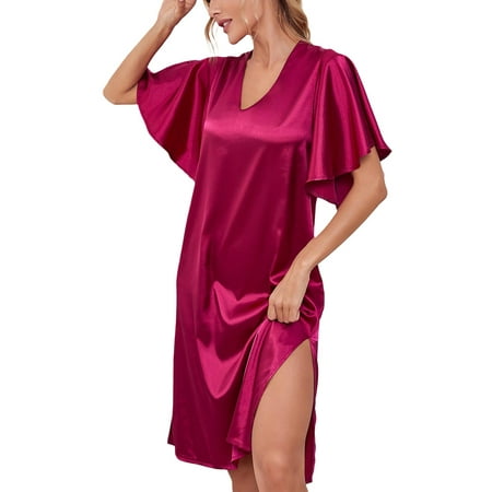 

Eyicmarn Women Satin Night Dress Solid Color V Neck Short Sleeve Nightgowns Sleep Dress Sleepwear Pajamas