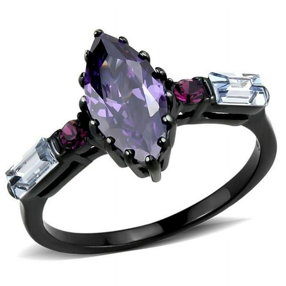 Women IP Black Stainless Steel Ring with AAA Grade CZ in Amethyst - Size 6