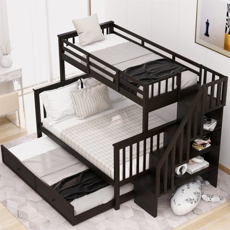 Twin-Over-Full Bunk Bed  Stairway Bunk Bed with Twin Size Trundle  Storage & Guard Rail  Wooden Bunk Bedframe for Bedroom Dorm  Solid Wood Twin Trundle Bed for Adults Kids Teens  Espresso