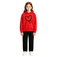 thumbnail image 2 of Otqutp Toddler Girls 2 Piece Outfit Heart Print Long Sleeve Hooded Sweatshirt Solid Straight Leg Pants Fall Clothes for Kids Teens, 2 of 6