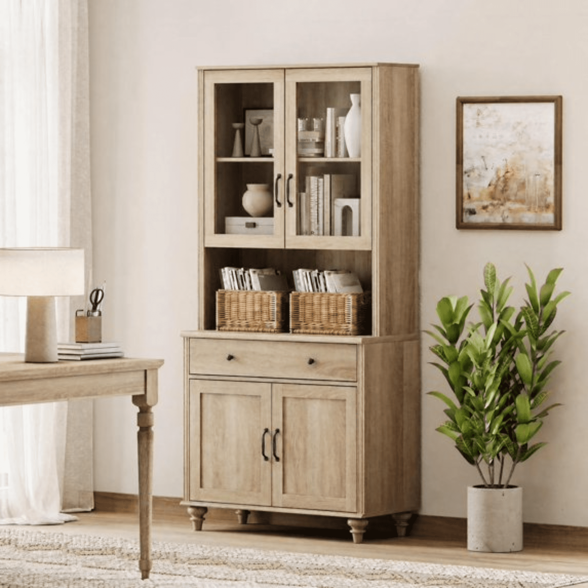 Large Farmhouse Wooden Bookcase with Storage Cabinet, Freestanding Library Bookshelf for Living Room, Office, Study Room & Kitchen, Oak