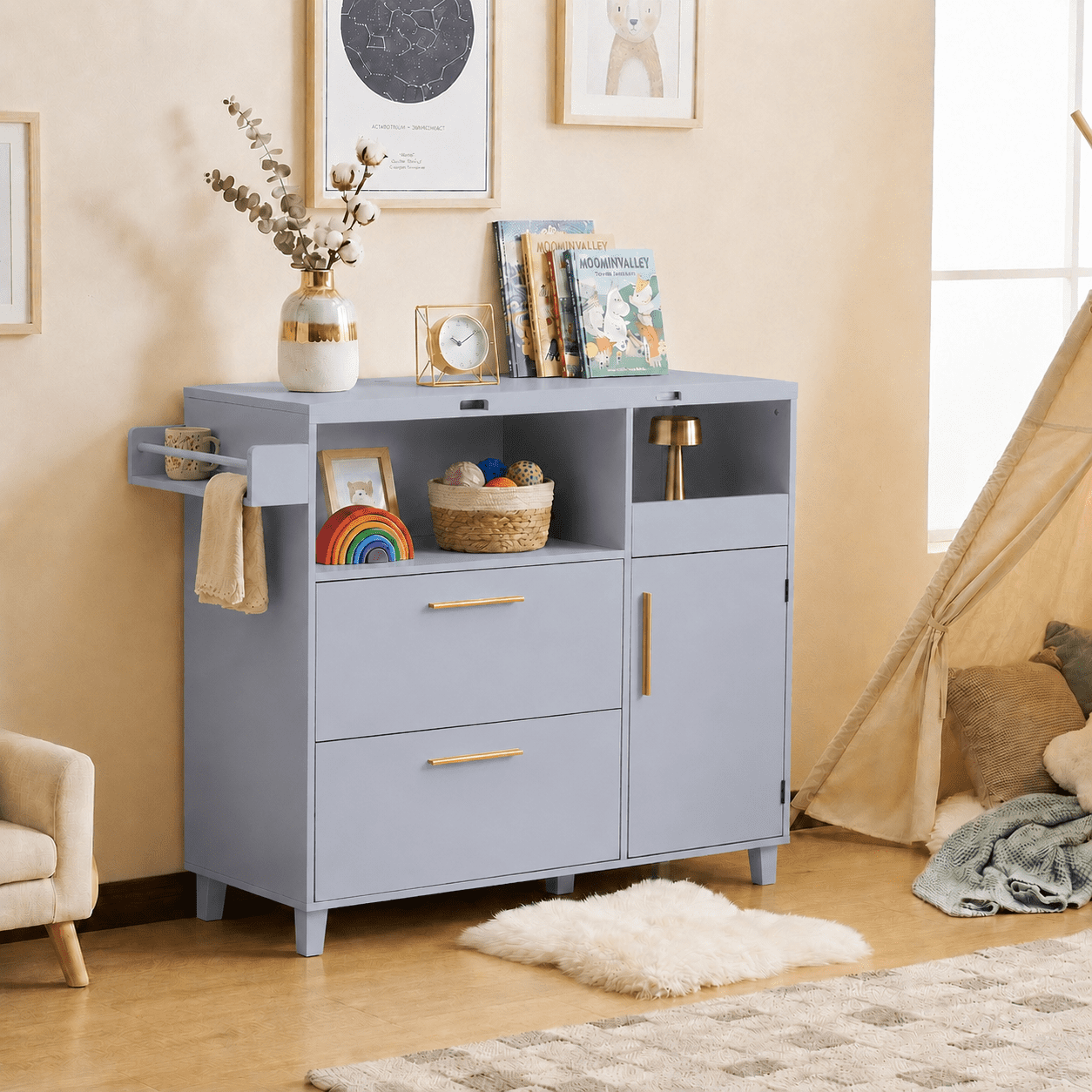 Zimtown 2-1 Baby Changing Table with Drawers & Shelf, Nursery Dresser with Storage, Infant Diaper Changing Station for Children's Room, Gray