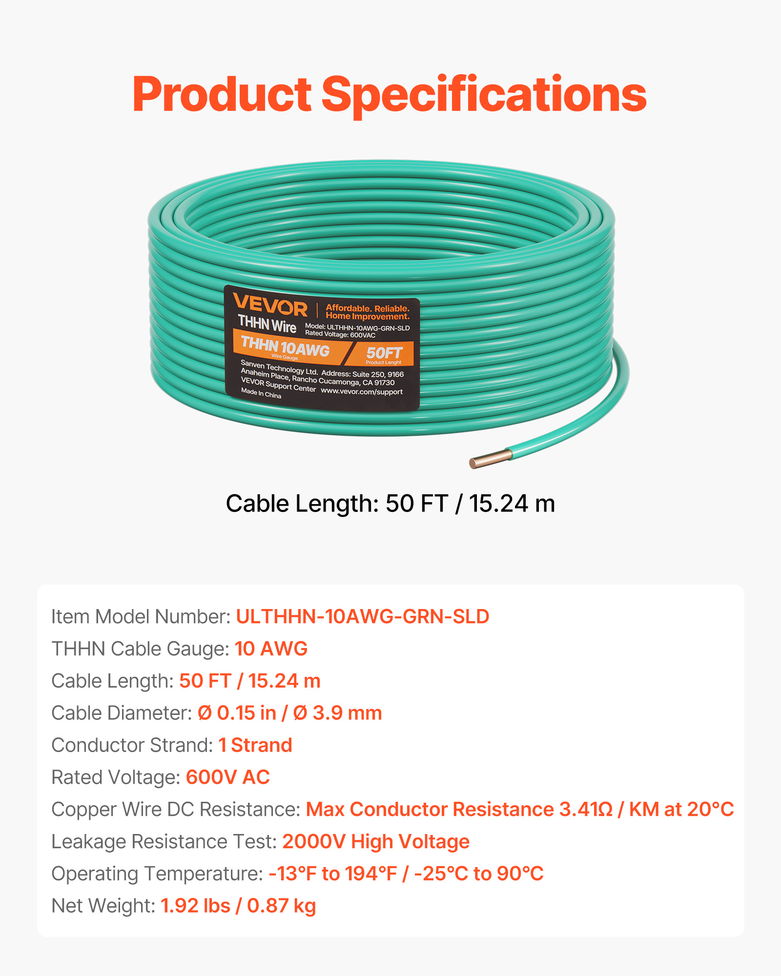 VEVOR 10 AWG Solid THHN Wire, 100% OFC Copper Electrical Building Wire with Nylon Jacket PVC Insulation, Rated for Up to 600 Volts, Heavy-Duty for Residential,Industrial,Commercial,Green (50 Feet)