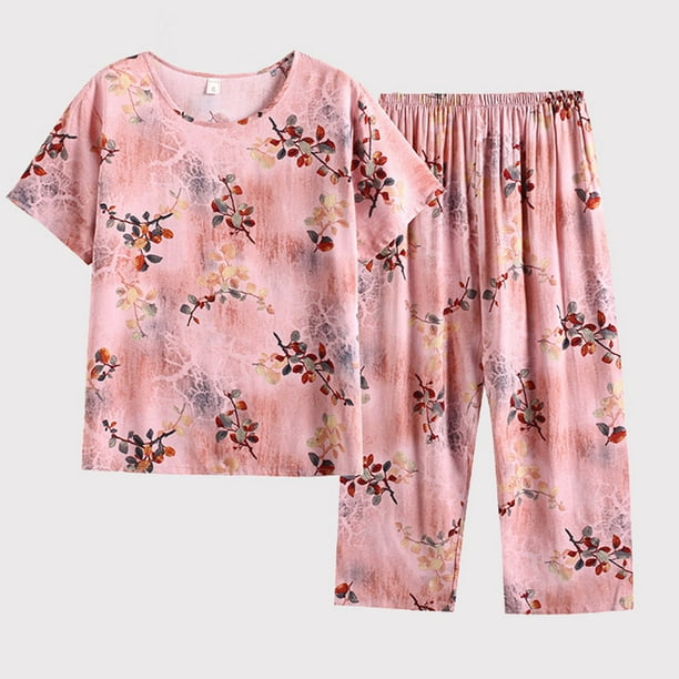 ICHUANYI Clearance Women Summer Casual Two Piece Suit Pajamas Short Sleeved Round Neck Top/Shirt Set Cotton Silk Suit Large Size Comfortable Breathable Pajamas(Pink, XXL) ICHUANYI WER2023081205962