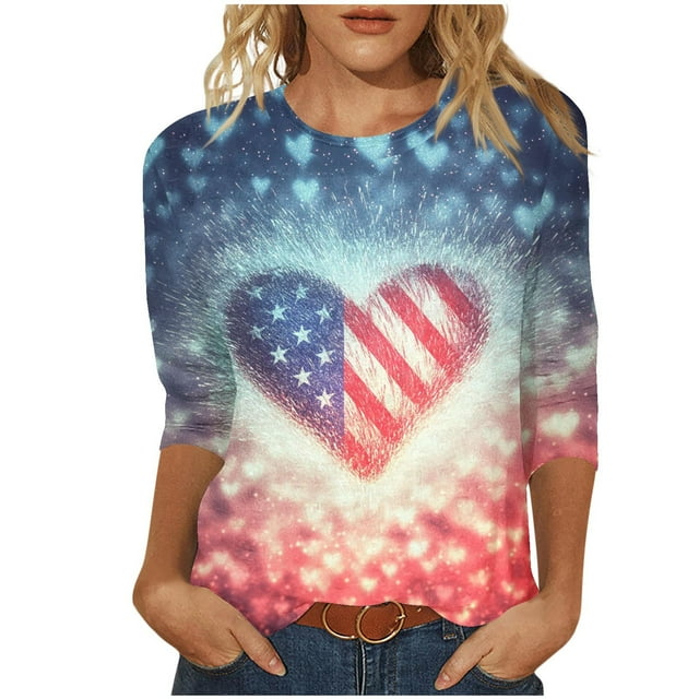 KIHOUT Blouse Imprimée de la Fête de l'Indépendance pour Femme, Manches 3/4, Col Rond, Coupe Ample, Chandail à Enfiler Tendance, Rouge, 5TG