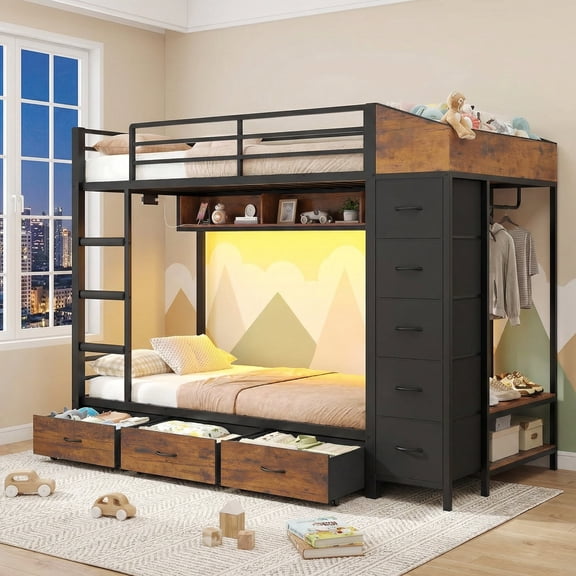 Twin over Twin Bunk Bed with Wardrobe, 8 Storage Drawers, Power Outlets & LED Lights, Space-Saving Bunk Bed Frame with Hall Tree, Guardrail & Ladder for Bedroom, Dorm