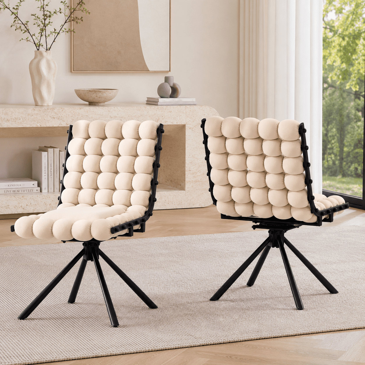 Aukfa Velvet Swivel Dining Chairs Set of 2, Modern Bubble Tufted Kitchen Side Chairs, Black Metal Legs,Beige