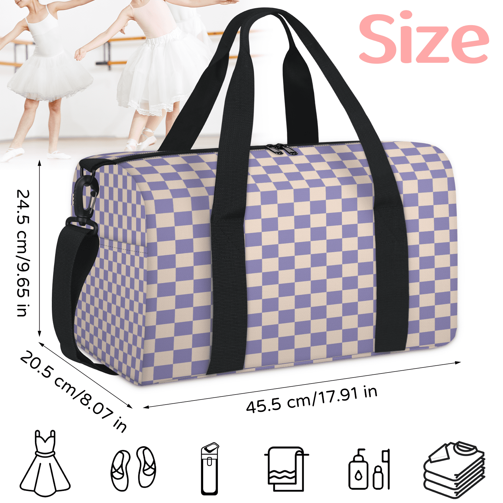 Herdesigns Checkerboard Purple Travel Duffle Bag Sports Yoga Weekender Overnight Carry on Workout Bags Lightweight Waterproof Gym Tote Bag for Women