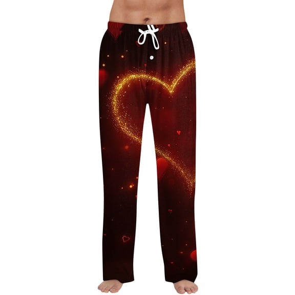 Fgvctg Valentine's Day Pajama Pants Mens Loungewear Sleepwear Wide Leg Pajamas Heart Graphic High Waisted Pj Pants Plus Size Fall Spring Drawstring Lounge Pants with Pockets Wine L