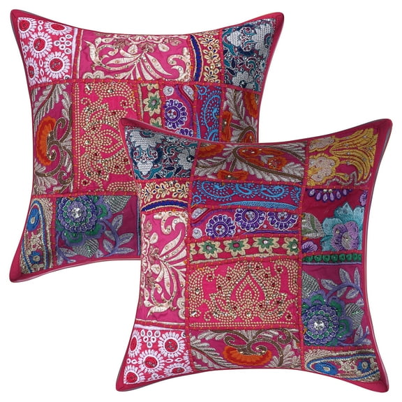 Stylo Culture Ethnic Cotton Living Room Throw Pillow Covers Dark Pink 12 x 12 Bohemian Vintage Patchwork Ethnic Sofa Cushion Covers 30x30 cm Decorative Abstract Square Pillow Cases | Set Of 2