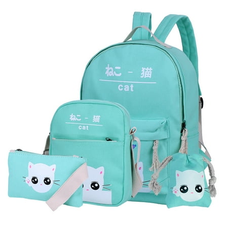 Kipling Cute Backpacks Vbiger Chic Canvas Backpack Set 4-in-1 Shoulder Bags Casual Student Daypack for Teenage Girls, Cute Cat Pattern, Light Green ()
