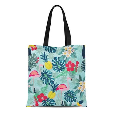 ASHLEIGH Canvas Tote Bag Pattern Flamingo Pineapple Toucan and Monstera Leaves Tropical Plants Reusable Shoulder Grocery Shopping Bags Handbag