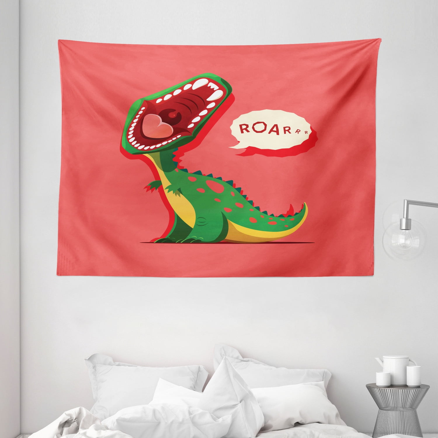 Dinosaur Tapestry, Aggressive Prehistoric Cartoon Animal Roaring Open