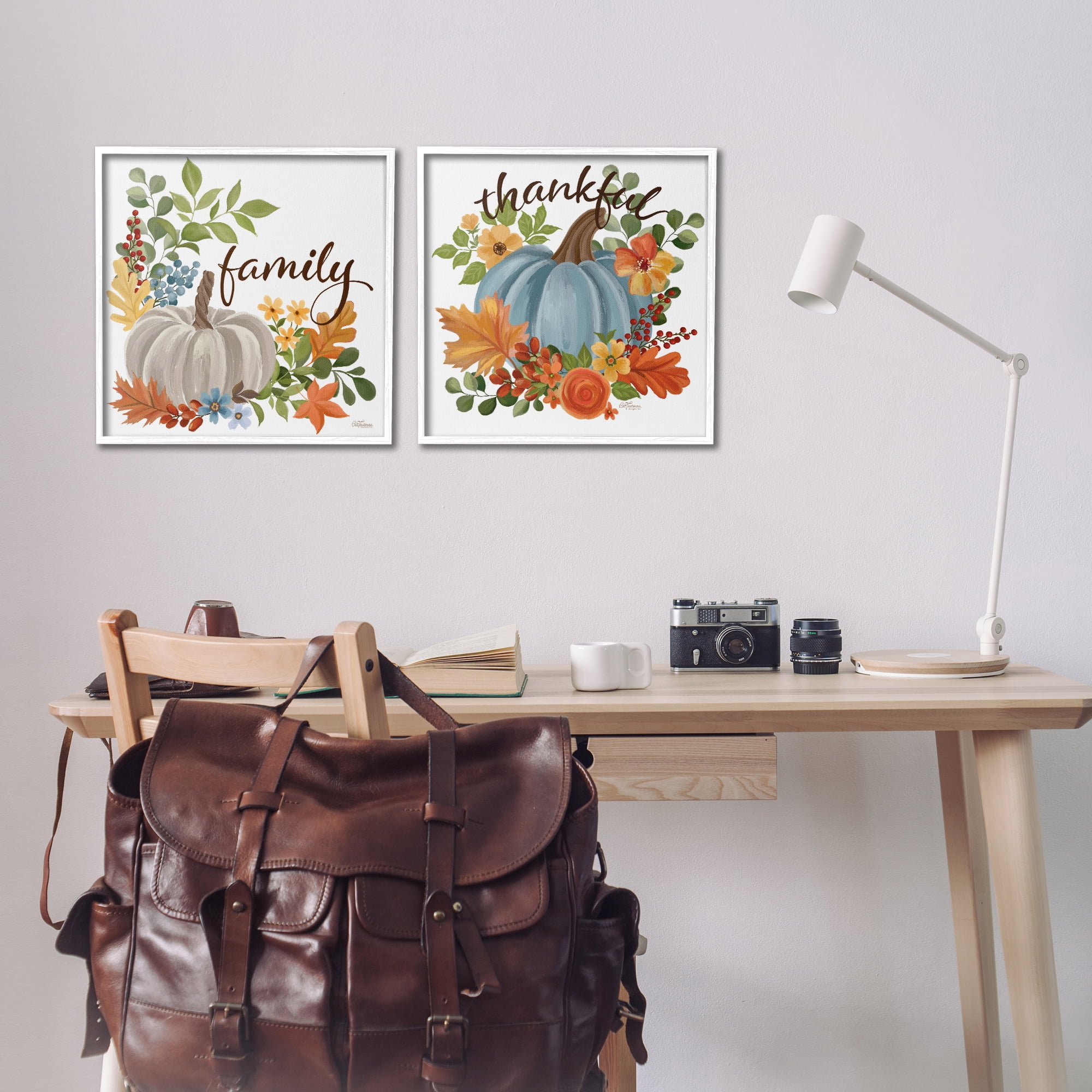 Stupell Industries Family Thankful Fall Pumkin Botanical & Floral Painting White Framed Art Prints Wall Art, 17 x 17, Set of 2
