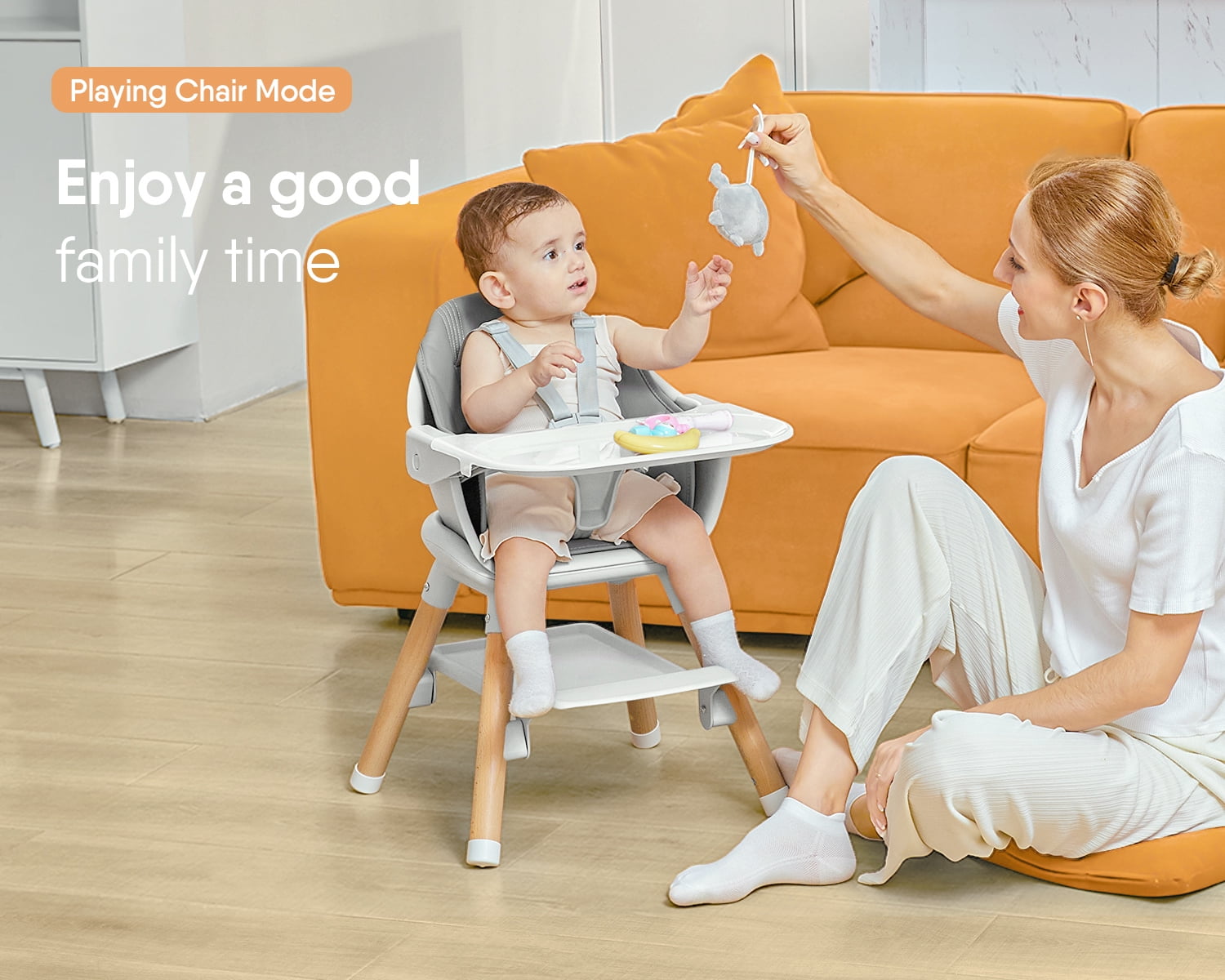 Babyomi Convertible High Chair for 2 Babies, 11-in-1 Wooden Booster with Double Easy-Clean Trays & PU Cushion,Gray