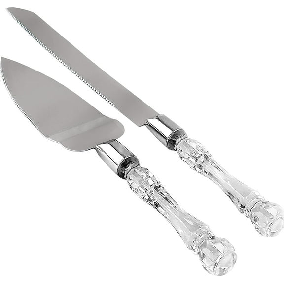 LUSHIG Wedding Cake Knife and Server Set with Silver Acrylic Faux Crystal Handle, Stainless Steel Cake Cutter for Weddings, Anniversaries and Birthdays