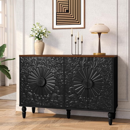 Sideboard Buffet Cabinet with 4 Carved Flower Doors Black | Vintage Accent Cabinet with Storage Decorative Wood Credenza for Living Room Hallway Dining Room Kitchen