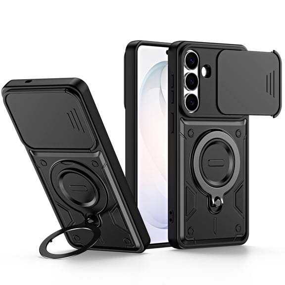 Dteck Slim Rugged Phone Case for Samsung Galaxy A17 5G, Shockproof Ring Stand Protective Cover with Camera Cover Slide,Black