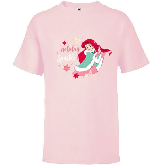 Disney Princess Ariel Mermaid Christmas Holiday Sparkle - Short Sleeve T-Shirt for Kids - Customized-Soft Pink