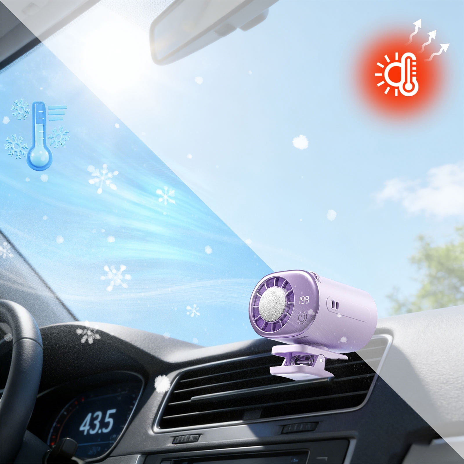 2026 Car Clip On Air Conditioner Fan LED Display 360 Rotation 199 Speeds Adjustable USB Rechargeable
