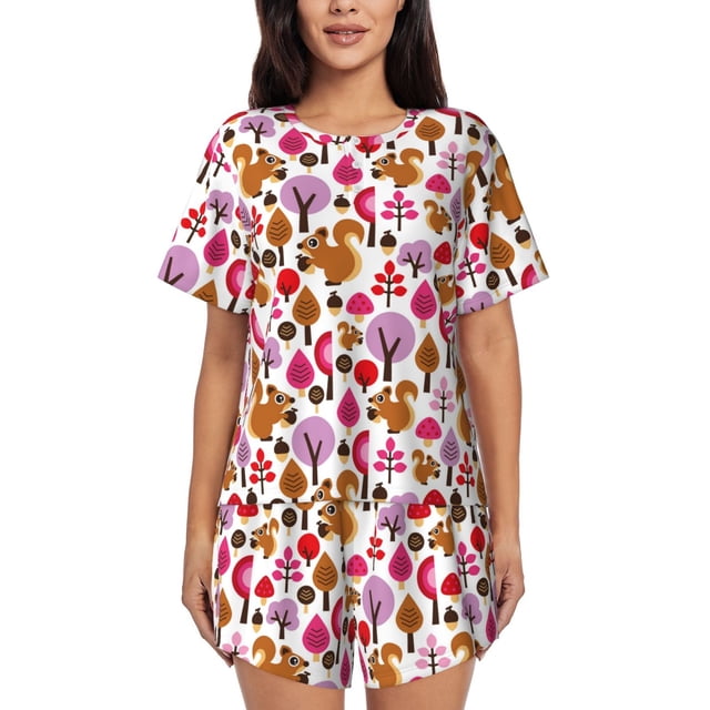 Fotbe Squirrel In The Forest Conjunto de Pijama Estampado para Mujer, 2 Piezas, Ropa de Dormir con Camiseta de Manga Corta y Shorts Suaves-Medium