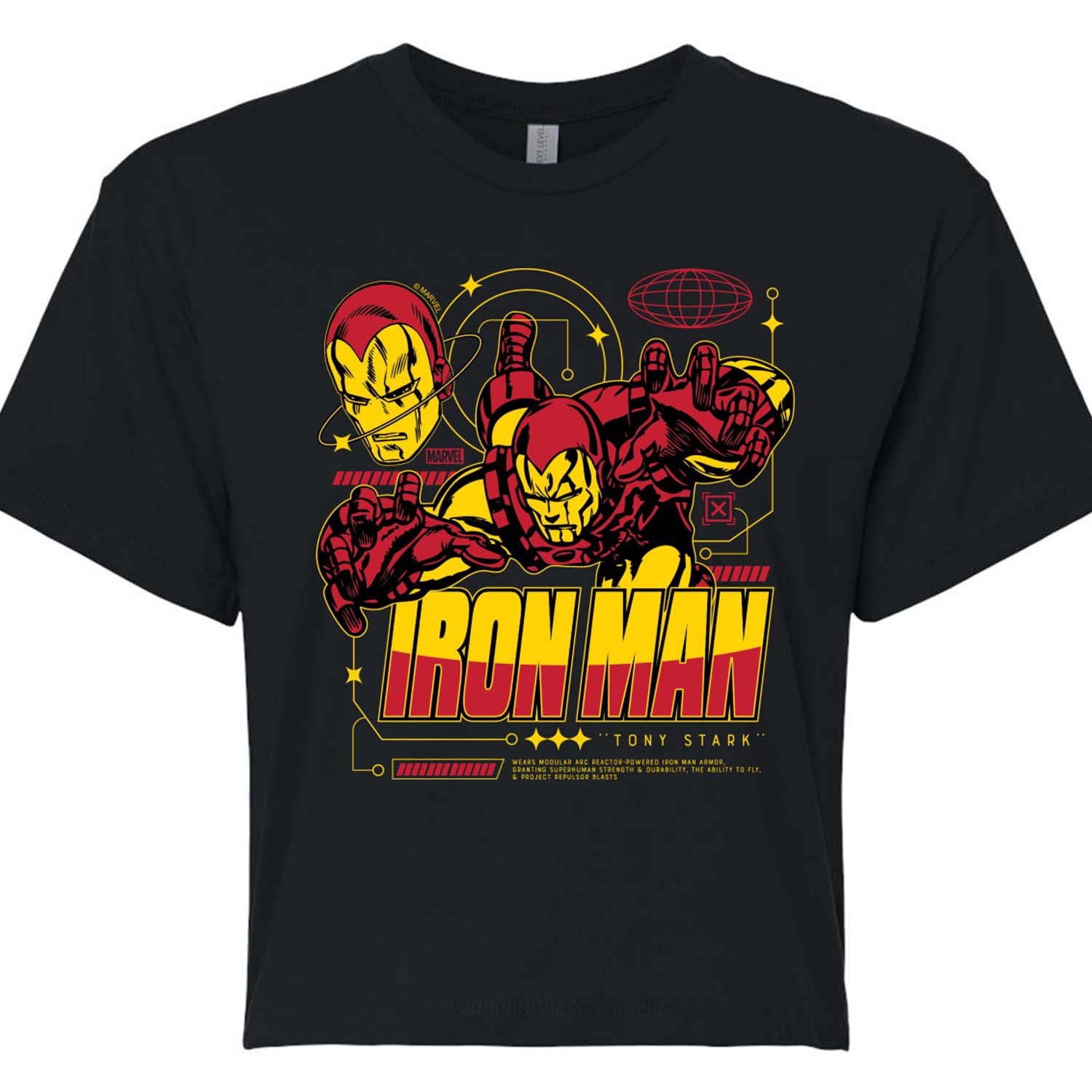 Marvel Iron Man - Tony Stark Armor Specs - Juniors Cropped Graphic T-Shirt