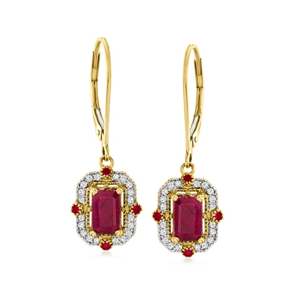 Ross-Simons 1.89 ct. t.w. Ruby and .14 ct. t.w. Diamond Drop Earrings in 14kt Yellow Gold, Women's, Adult