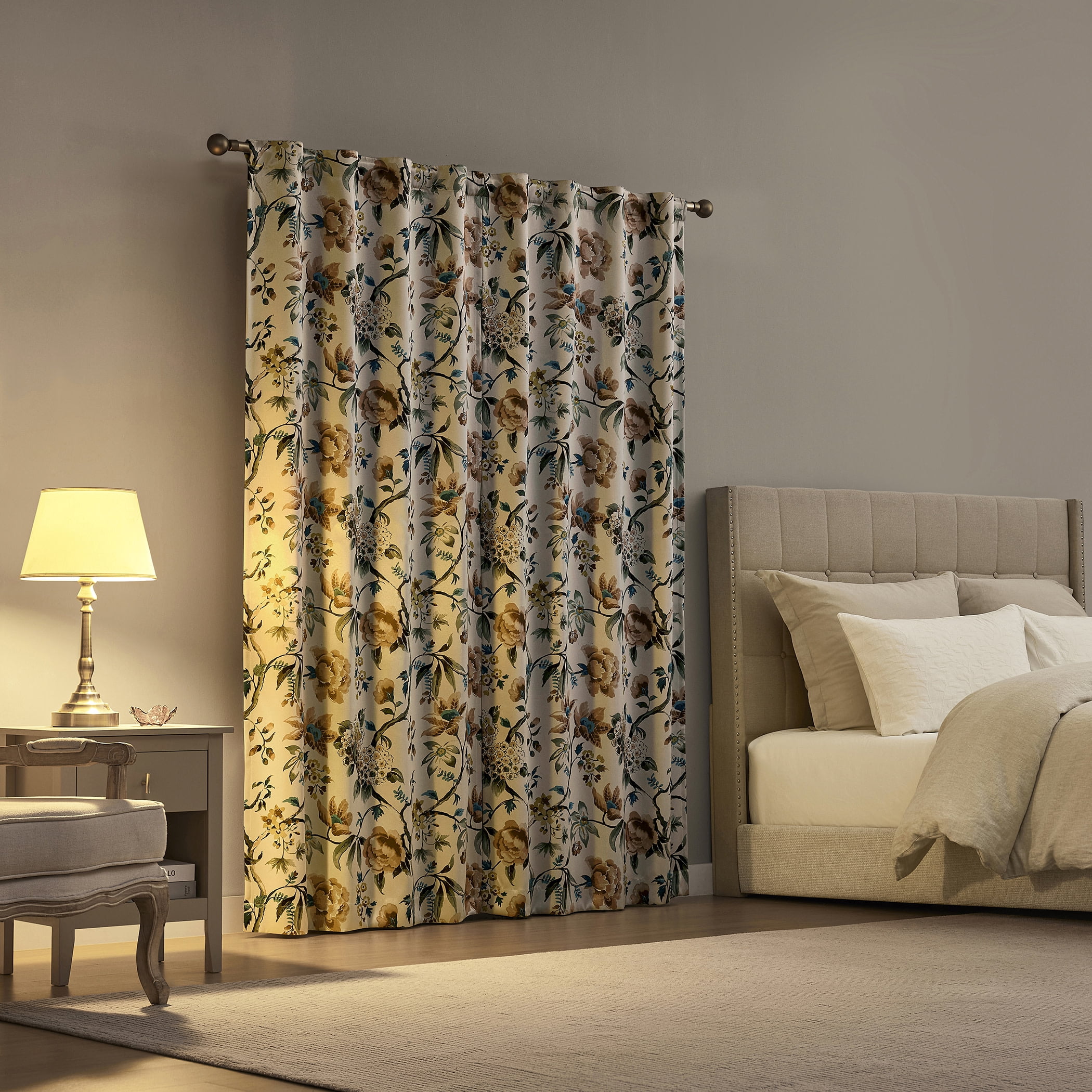 Sun Zero Therese 2-pack Vintage Floral Magnetic Closure 100% Blackout Back Tab/Rod Pocket Curtain Panel Pair, 40"W x 84"L, Stone