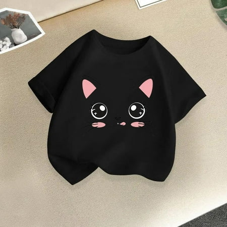 BLTIBY Girls Boys Summer Short Sleeve Top Child Kids Printed Round Neck Cotton Shirts Infant Toddler Fashion Casual Loose Pullover Blouse Black 12-14 Years