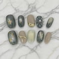 thumbnail image 3 of Dark green hand-painted flower smudge high-end cat's eye gilt pure hand-worn nail white pearl short nail sticker, 3 of 7