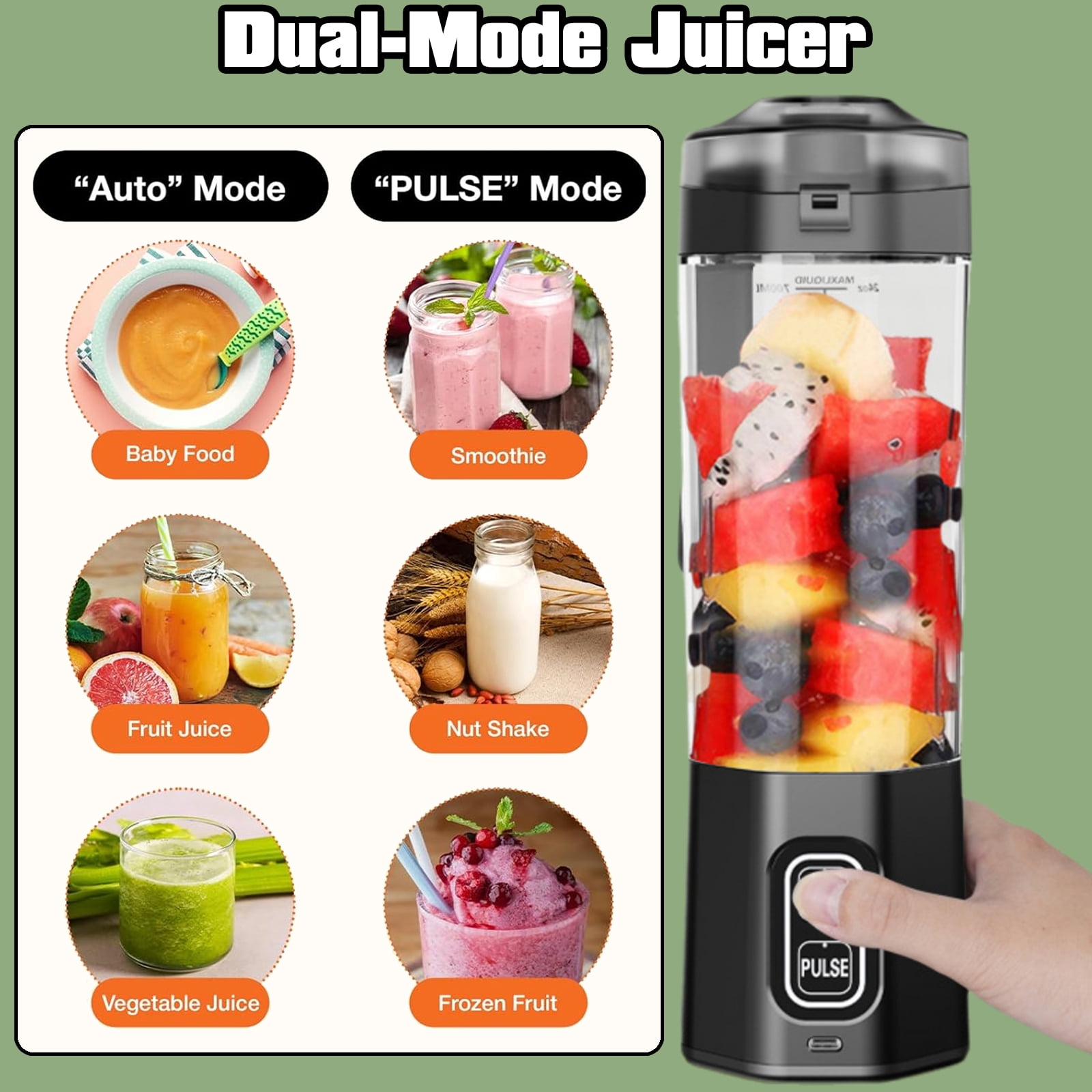 Petyoung Portable Blender 24oz, 360W Personal Jucier for Shakes & Smoothies, 6000mAh USB Rechargeable, Dual Mode, BPA Free