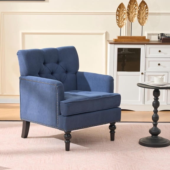 Mid-Century Modern Accent Chair, Blue Linen Upholstered Armchair with Tufted Back & Studded Trim – Comfy Reading Chair for Living Room and Bedroom