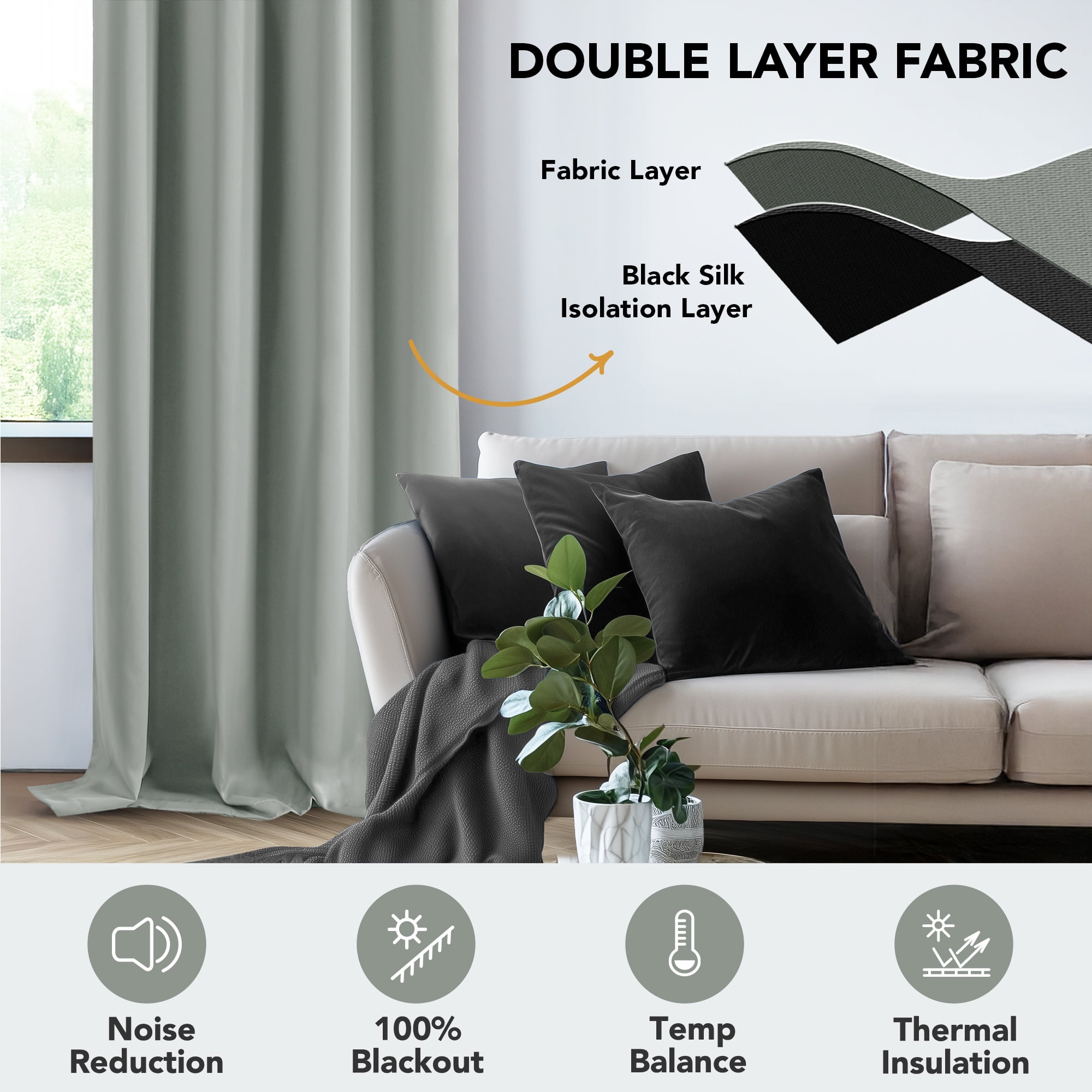 Deconovo 100% Blackout Curtains for Bedroom, Thermal Insulated, 2 Panels, 52"x72", Light Gray