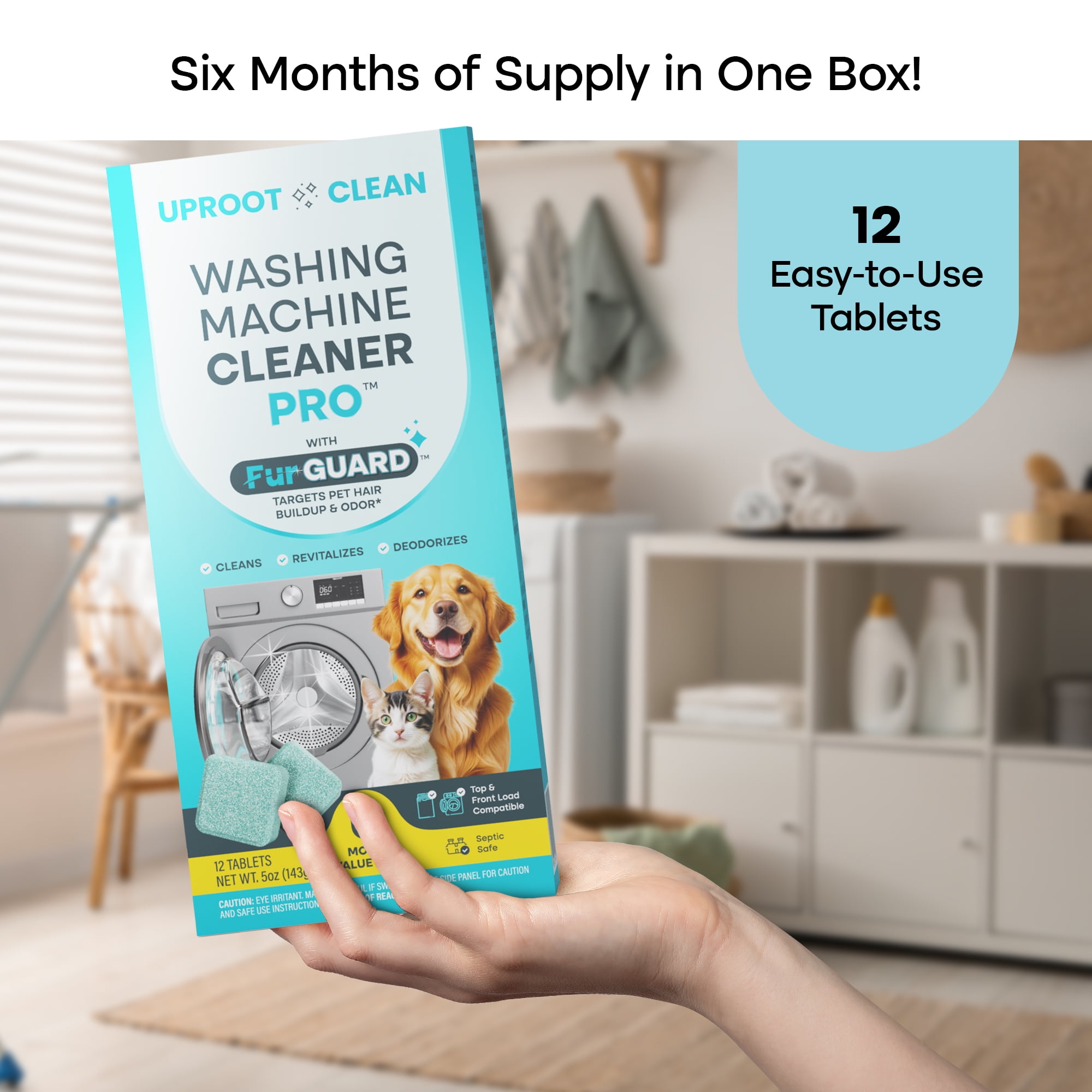 Uproot Clean Washing Machine Cleaner Tablets for Pet Owners, Removes Residue Grime, 12 ct.