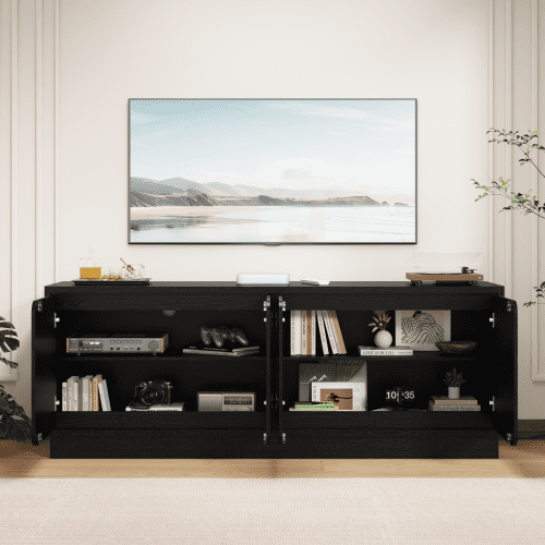 63-Inch TV Stand with 4 Storage Doors and Cable Holes, Low-Profile Media Console, Modern Entertainment Cabinet for Living Room, Black