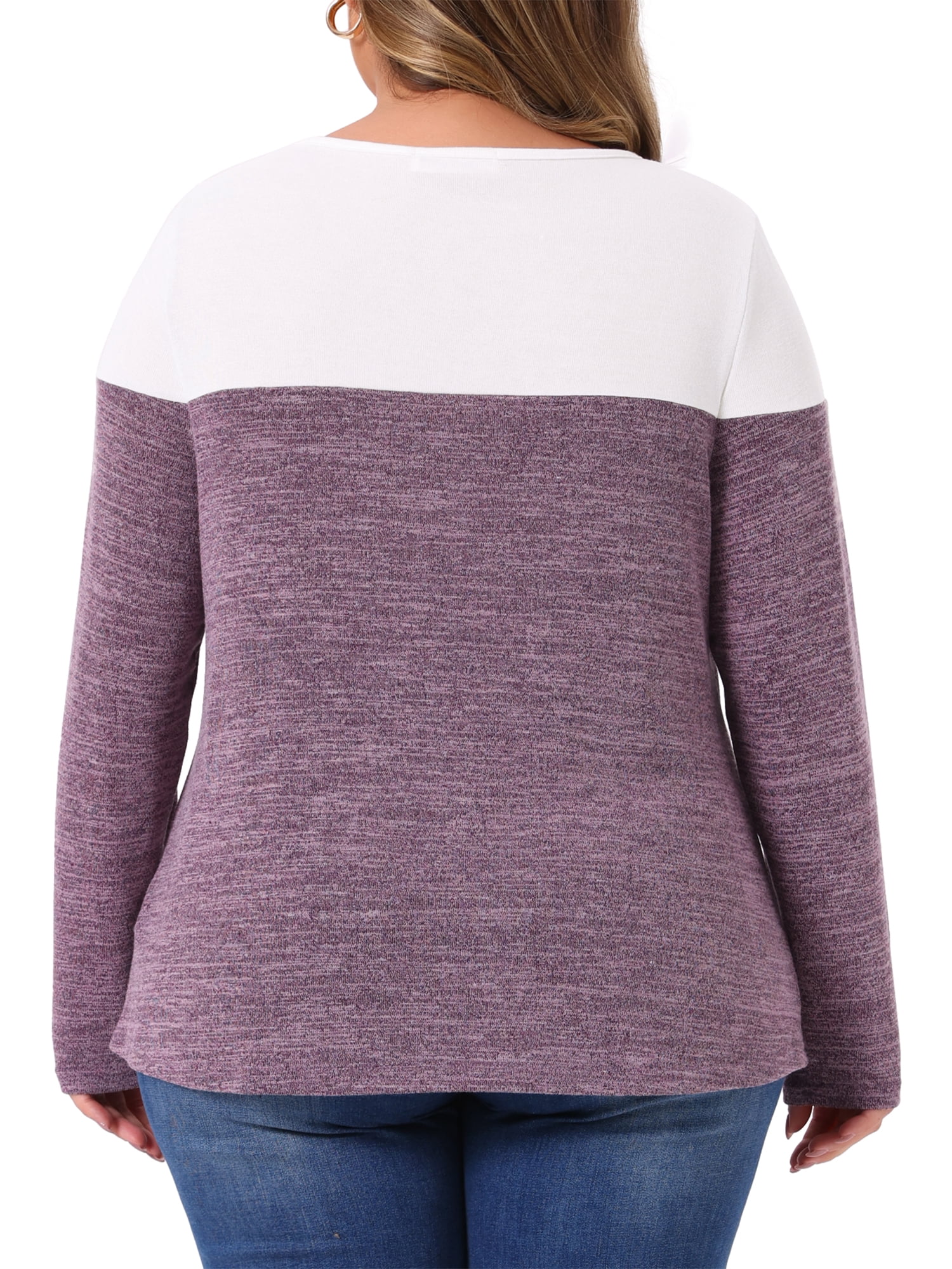 DARING DIVA Women's Plus Size Color Block Long Sleeve Crew Neck Knitted Blouse 1X Purple
