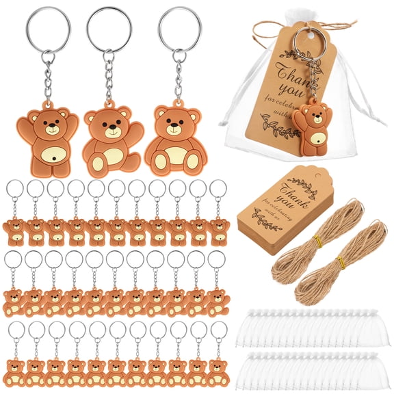 Austok 110 Pcs Bear Baby Shower Favor Bear Party Favor Cute Keychain with Organza Bag Thank You Paper Tag and Rope for Guest Girl Boy Birthday Party Supply Decoration (Brown)